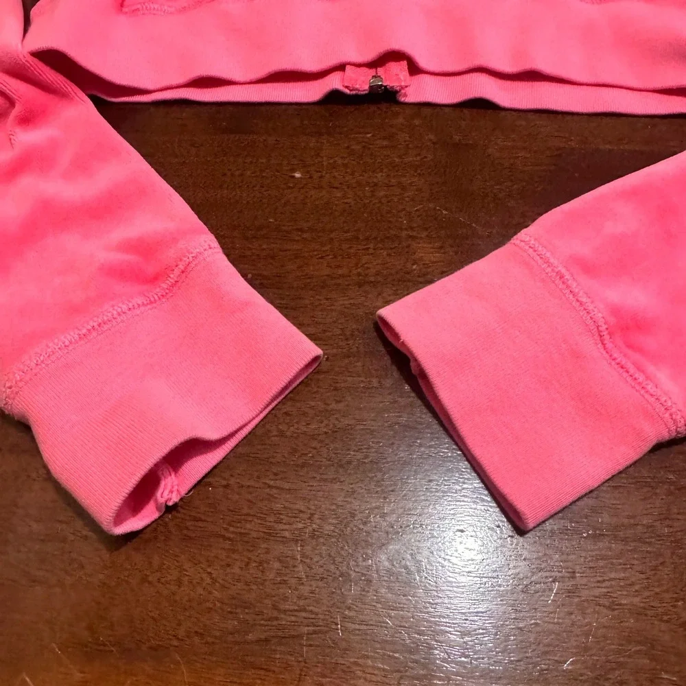 Vintage Juicy Couture Pink Velour Zip Up Hoodie Y2K Cropped Jacket Large '02-'05 - Picture 7 of 10